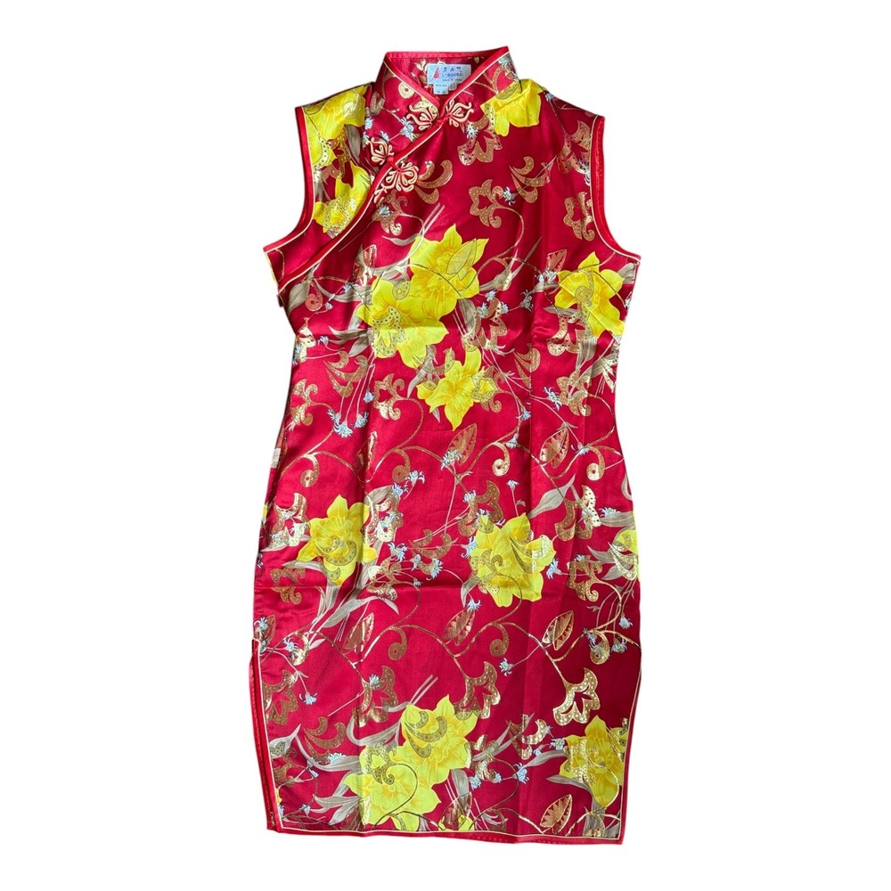 Laogudai Red 100% Silk Floral Cheongsam Qipao Dress Mandarin Collar Size 40